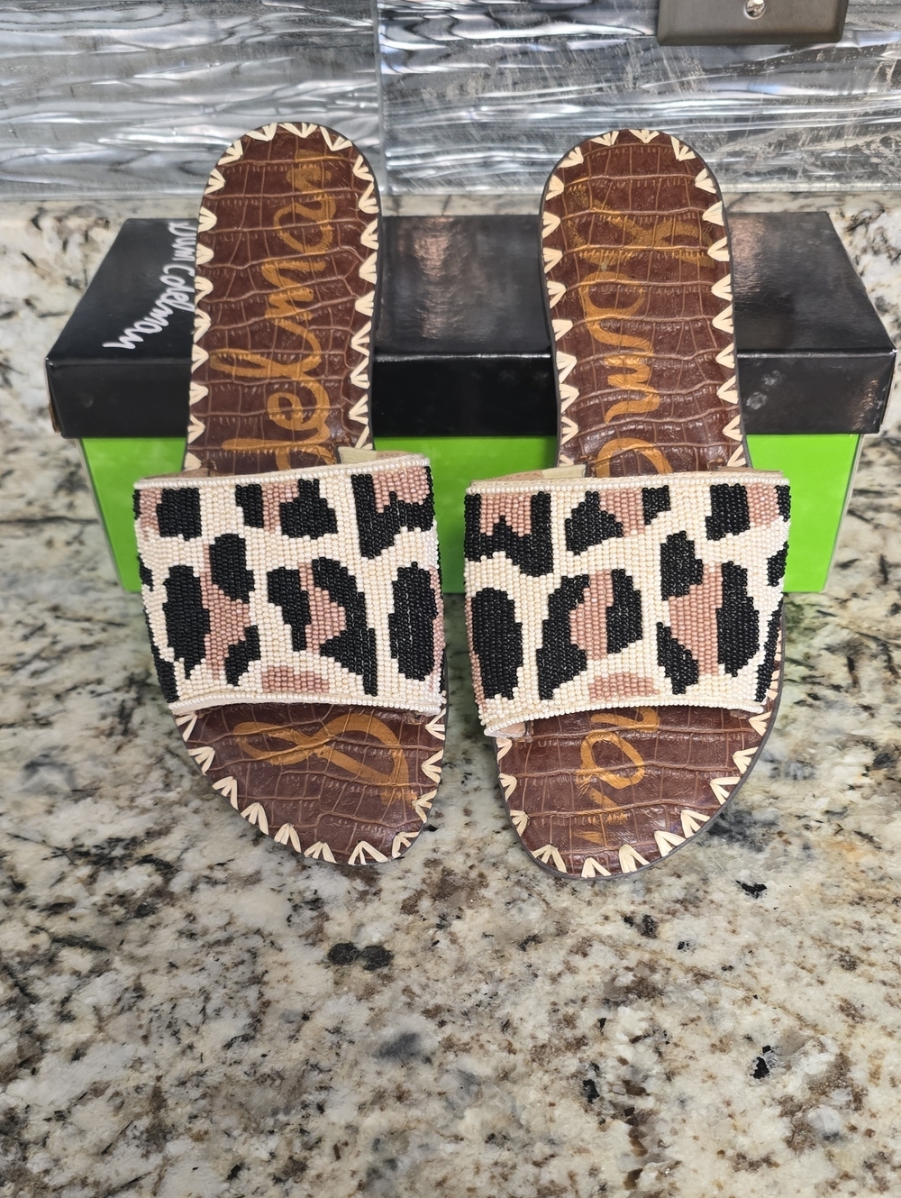 Sam Edelman Beaded Leopard-Print Slide Sandals in Brown, Black, Cream